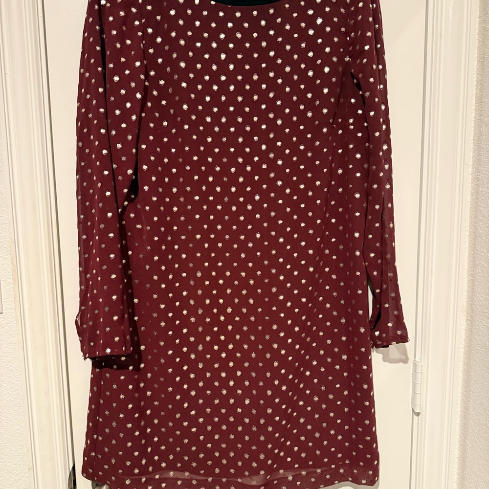 Gianni Bini Maroon Long Sleeve Dress with White Dots